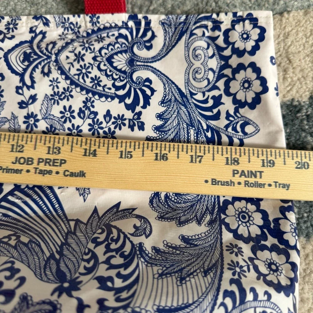 Blue French Toile Oilcloth Tote Bag Reversible Red Gingham Canvas Handles Large